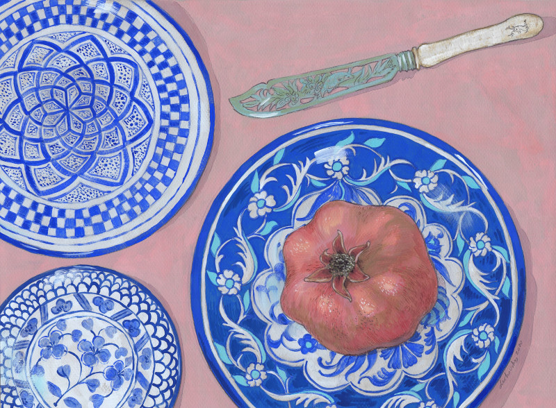 Natalie Levkovska tapytas paveikslas Granatas ir Marokietiškos lėkštės, Natiurmortai , paveikslai internetu