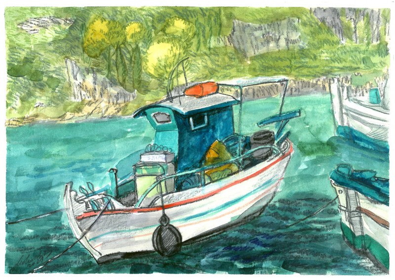 Natalie Levkovska tapytas paveikslas Korfu žaliai baltas laivelis, Marinistiniai paveikslai , paveikslai internetu