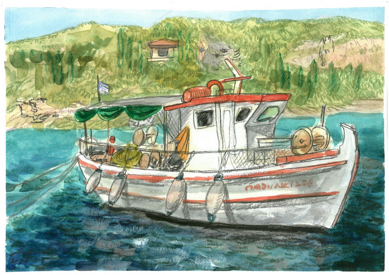 Corfu White Boat original painting by Natalie Levkovska. Miniature