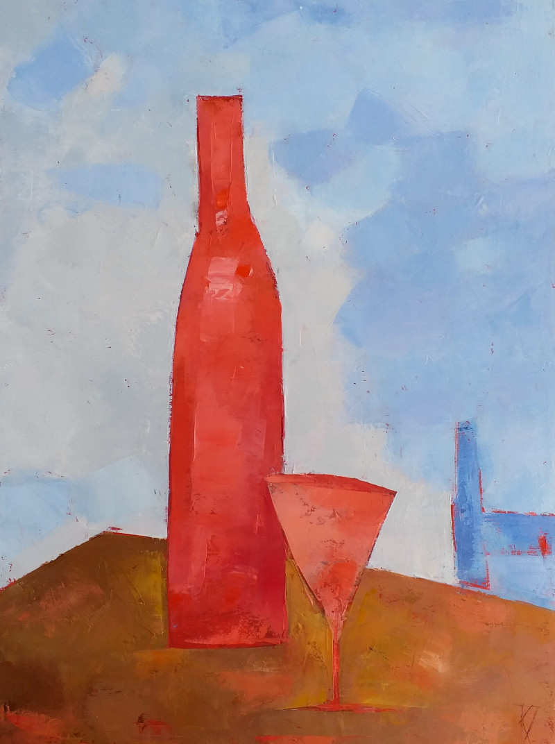 Table with a Bottle of Wine original painting by Kęstutis Jauniškis. Still-Life