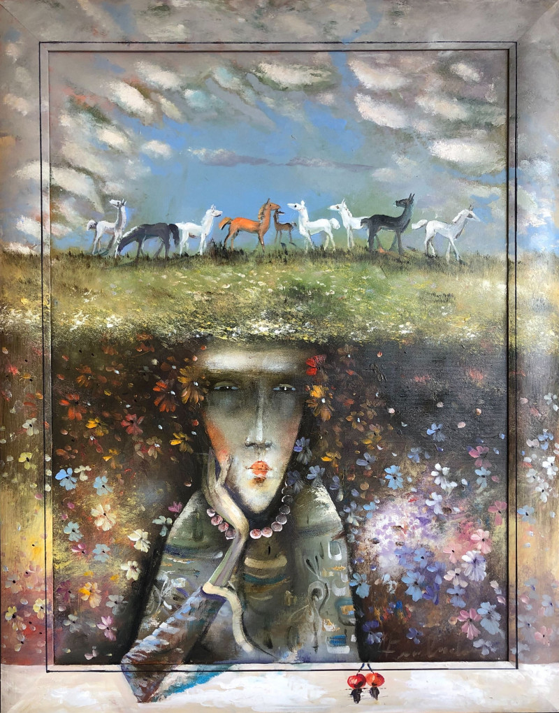 Of the cycle reflections in the window: Meadow original painting by Alvydas Venslauskas. Fantastic