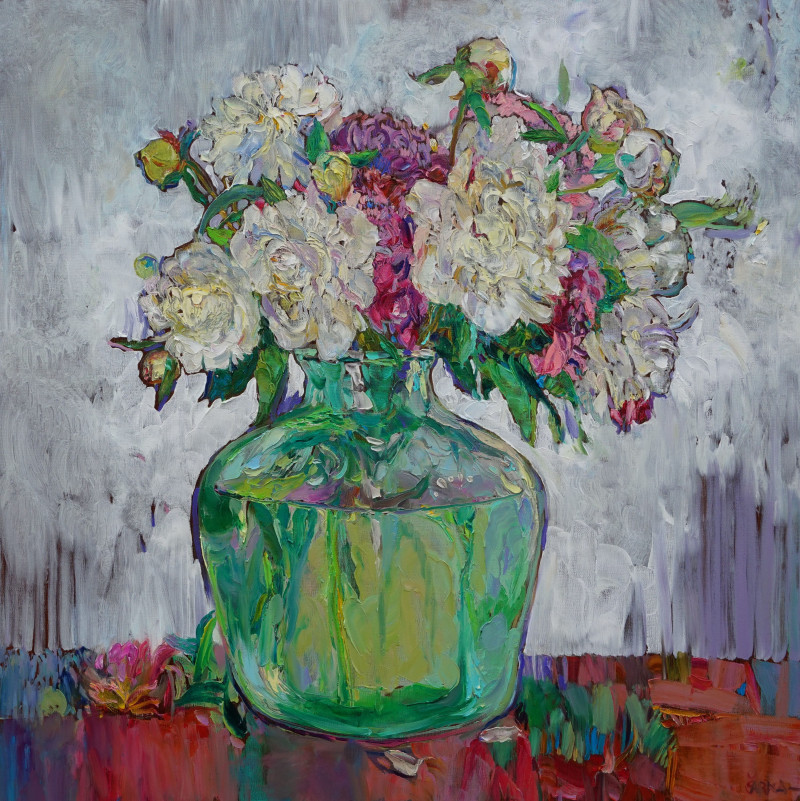 Šarūnas Šarkauskas tapytas paveikslas Bijūnai stiklinėje vazoje, Gėlės , paveikslai internetu