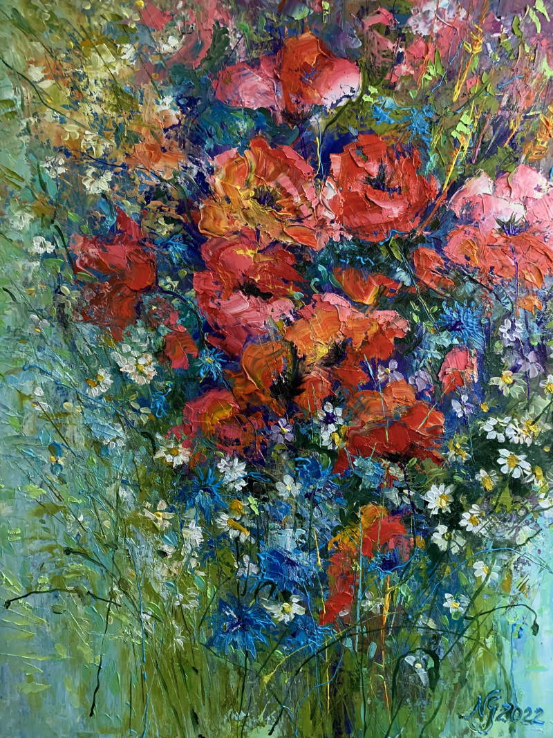 Poppy and cornflower talks original painting by Nijolė Grigonytė-Lozovska. Flowers