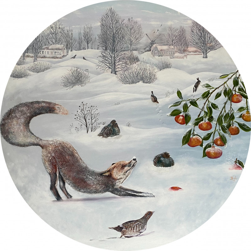 And foxes love mandarins original painting by Inga Stacinskė. Animalistic Paintings