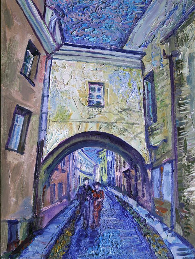 St. Kazimier Street at Night original painting by Vincas Andrius (Vincas Andriušis). Urbanistic - Cityscape
