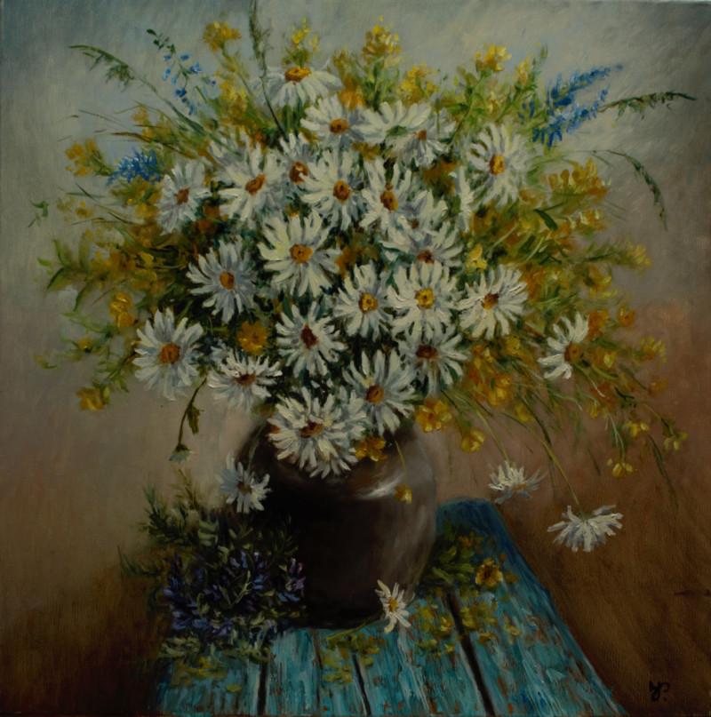 Irma Pažimeckienė tapytas paveikslas Iš ramunių pievos, Gėlės , paveikslai internetu