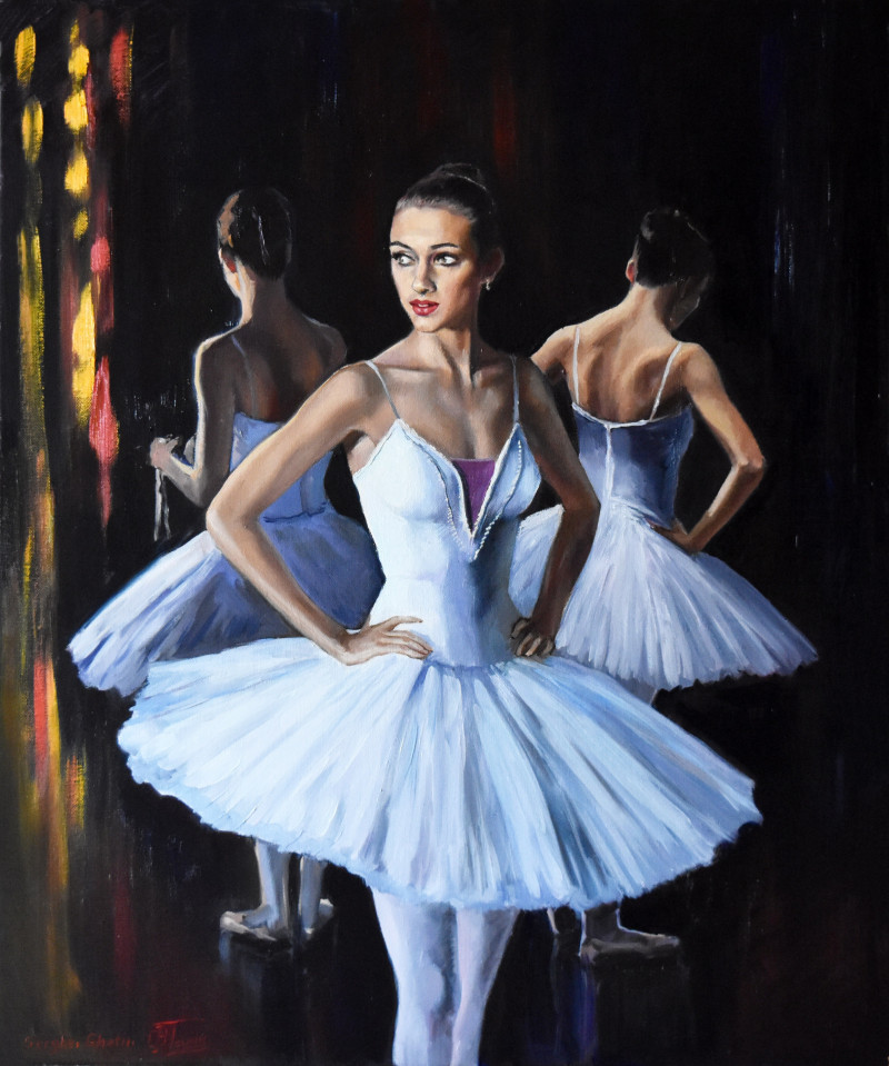 BALLERINAS, BEHIND THE SCENE, AFTER PERFORMANCE original painting by Serghei Ghetiu. Dance - Music