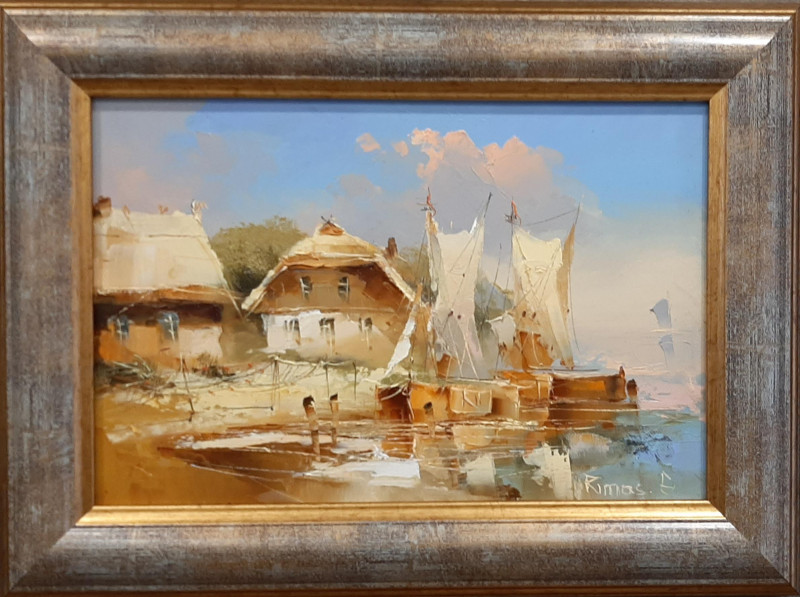 Fisherman's homestead original painting by Rimantas Grigaliūnas. Marine Art