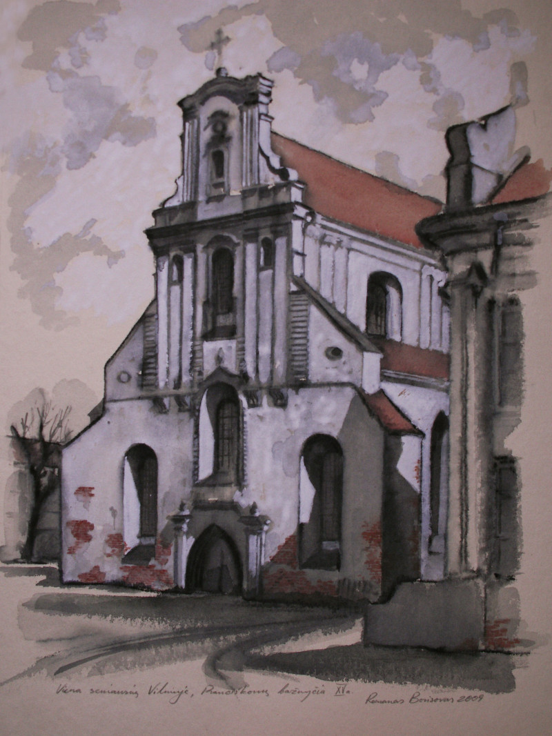 Vilnius Franciscan Church original painting by Romanas Borisovas. Urbanistic - Cityscape