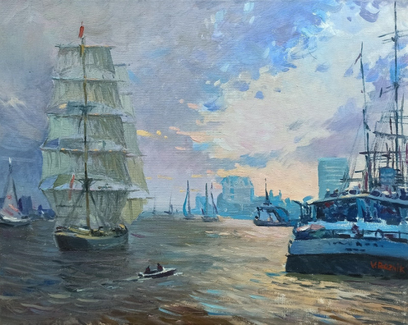 Parade on the Elbe original painting by Viktor Reznik. Marine Art