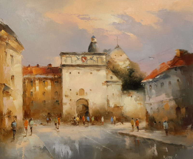 Gates of Dawn original painting by Rimantas Grigaliūnas. Urbanistic - Cityscape