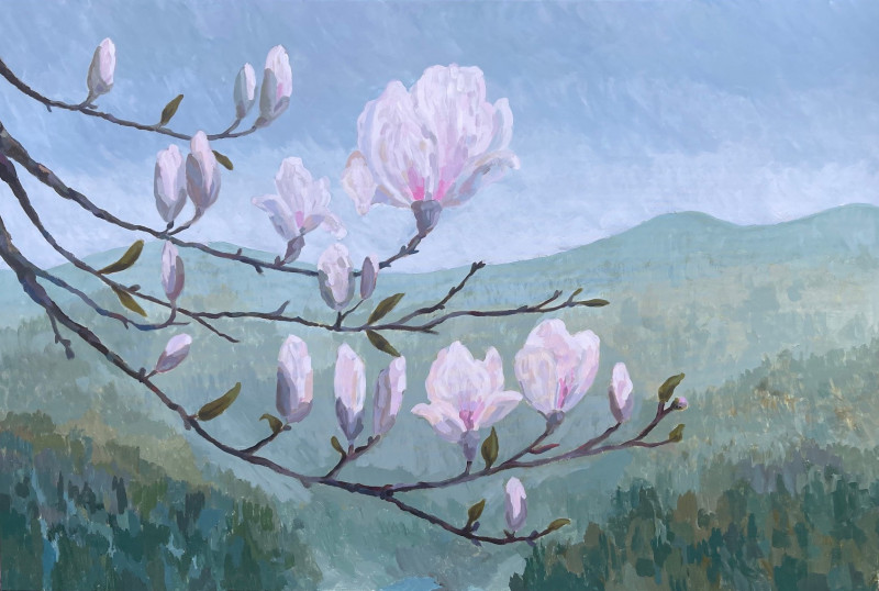 A Blooming Magnolia on a Foggy Day original painting by Gabrielė Prišmantaitė. Flowers
