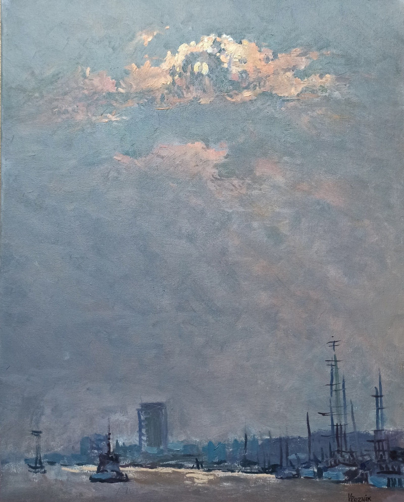 Twilight on the Elbe original painting by Viktor Reznik. Marine Art