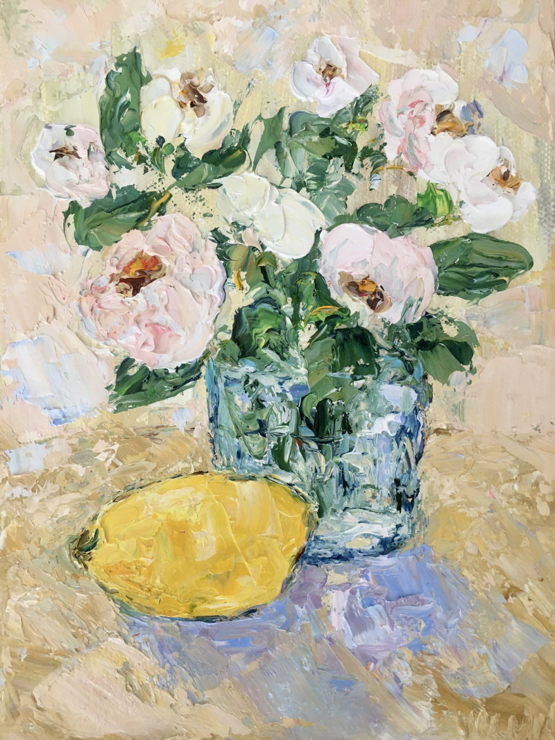 White Roses and Lemon original painting by Vilma Gataveckienė. Home