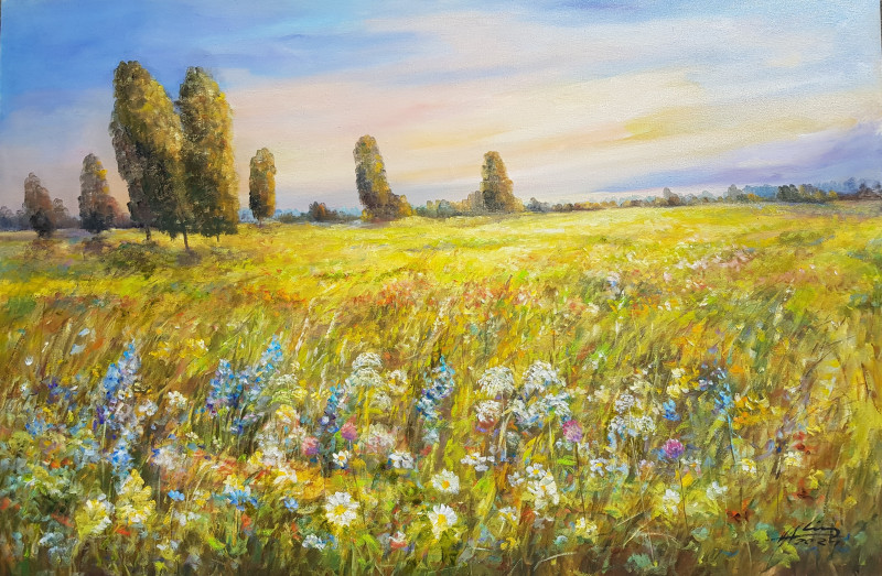 Evening Meadow original painting by Voldemaras Valius. Landscapes
