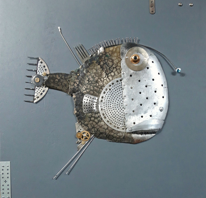 A Fish with Blue Eyes original painting by Vladimiras Nikonovas. Assemblage